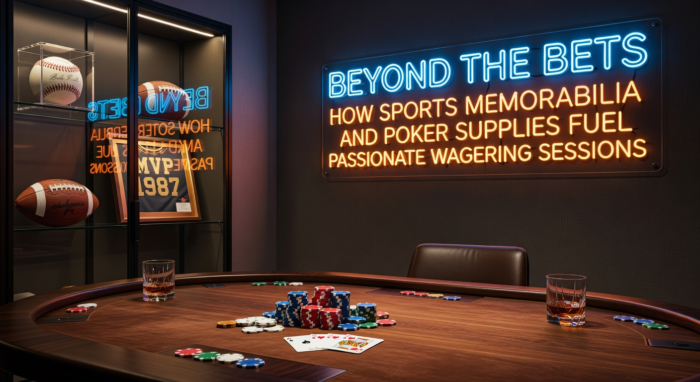 Sammlung von Sportmemorabilia umgeben von Pokerchips und Wettzetteln bei einer intensiven Session