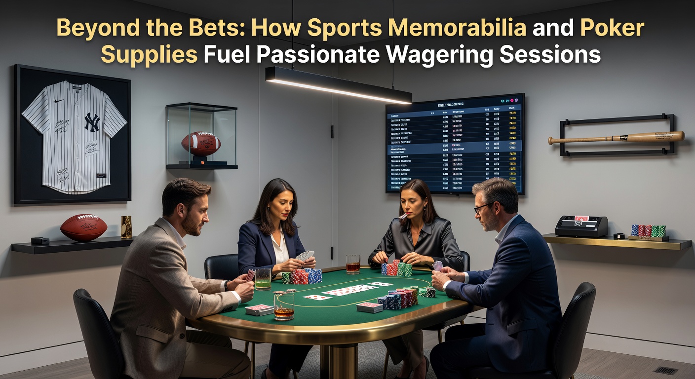Professionelles Poker-Setup mit Chips, Karten und Sportpostern im Hintergrund während einer Wett-Session